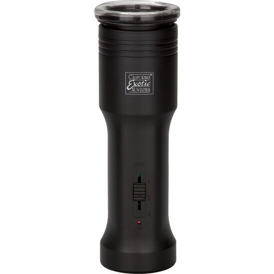 Schwarzes, zylindrisches Gerät mit transparentem Rand. Logo: California Exotic Novelties. Schalter mit Markierungen.
