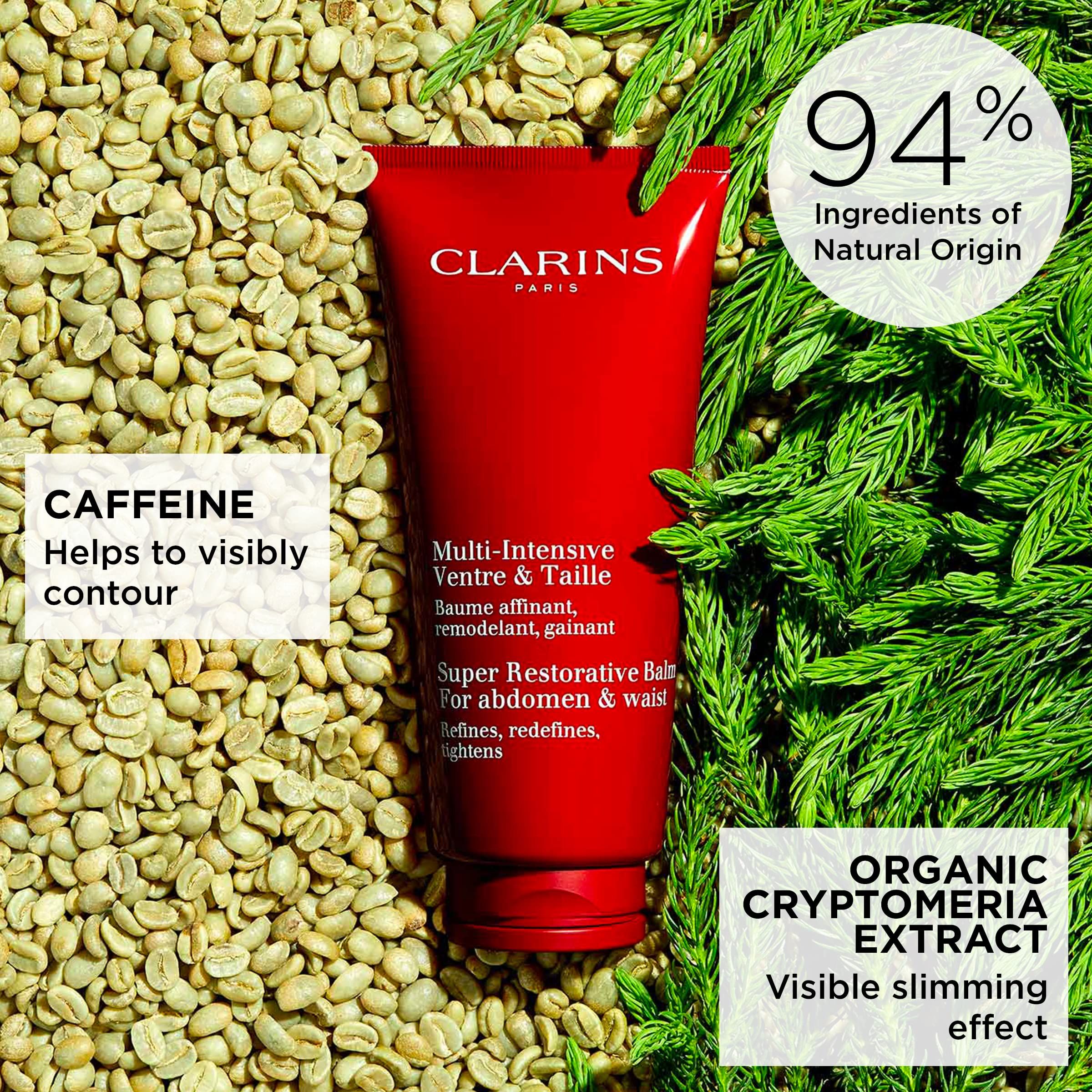 Rote Tube CLARINS MULTI INTENSIVE VENTRE&TAILLE. Text: Caffeine, 94% Inhaltsstoffe natürlichen Ursprungs, Organic Cryptomeria Extract.