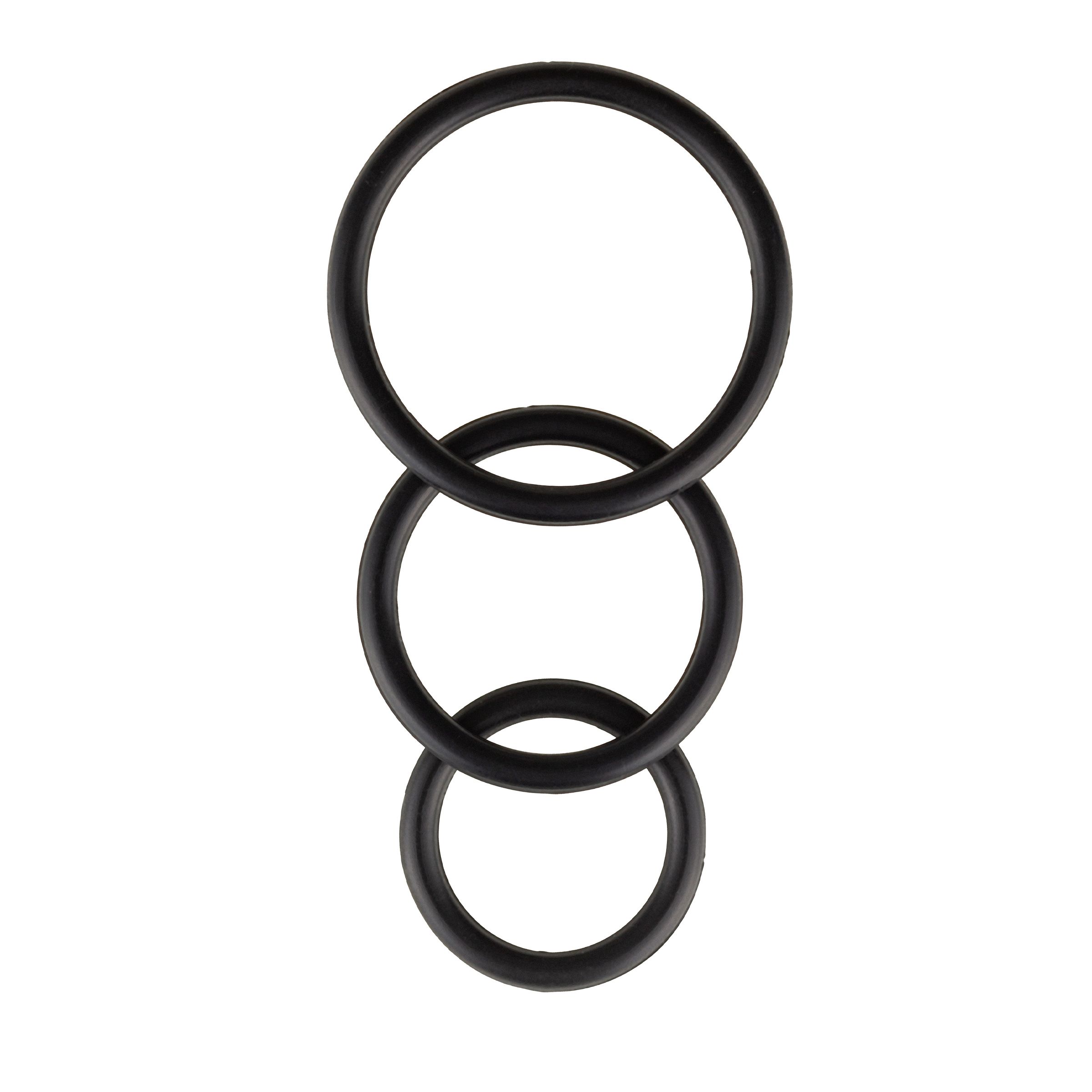 Drei schwarze Ringe, verbunden. Die Ringe sind aus Gummi oder einem ähnlichen Material gefertigt.