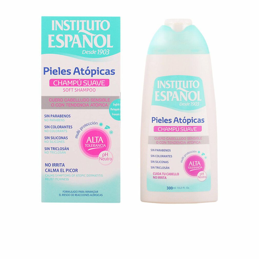 Shampoo und Verpackung. Aufschrift: Instituto Español, Pieles Atópicas, Champú Suave. Enthält keine Parabene, Farbstoffe, Silikone, Triclosan.