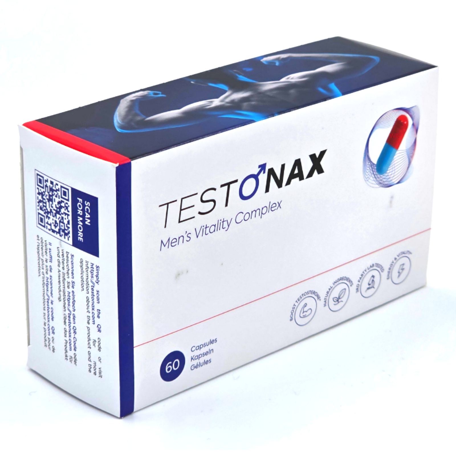 Schachtel "TESTO NAX". 60 Kapseln. QR-Code. Illustration einer Kapsel. "Men's Vitality Complex".