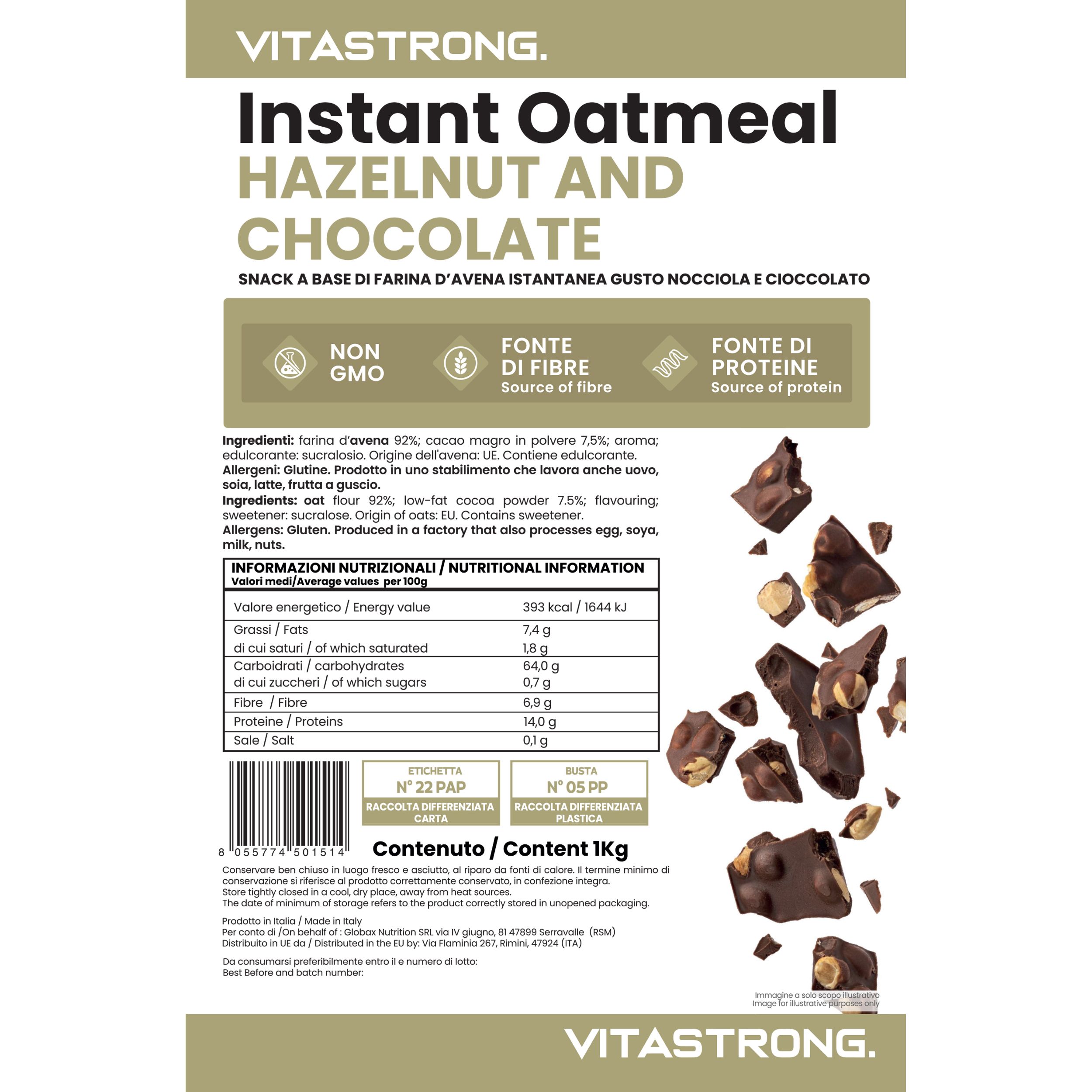 Vitastrong Instant Oatmeal - Hazelnut & Choco. Verpackung mit Nährwertangaben und Schokoladenstückchen mit Haselnüssen.