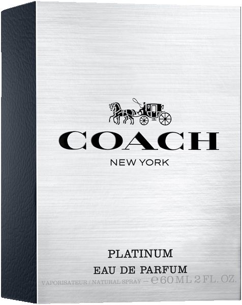 Coach Platinum Eau de Parfum Flakon, silberfarben, mit Anhänger.