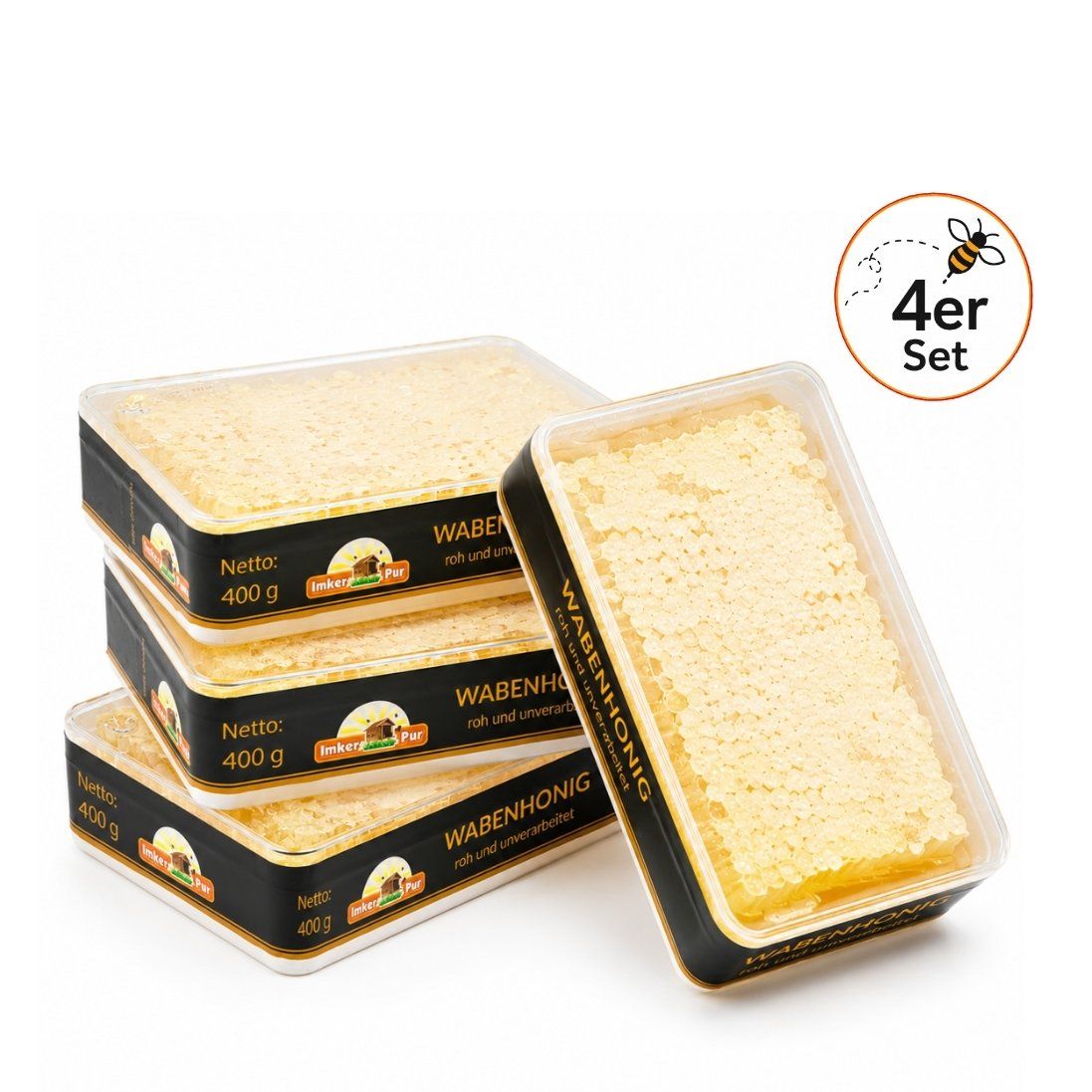 Vier Packungen ImkerPur Wabenhonig, 400g, mit 4er Set Kennzeichnung.