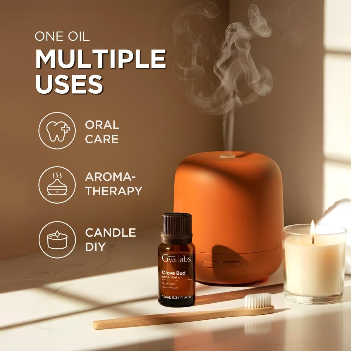 Diffusor, Nelkenölflasche, Zahnbürste und Kerze. Text: One Oil, Multiple Uses: Oral Care, Aromatherapie, Candle DIY. Gya Labs.