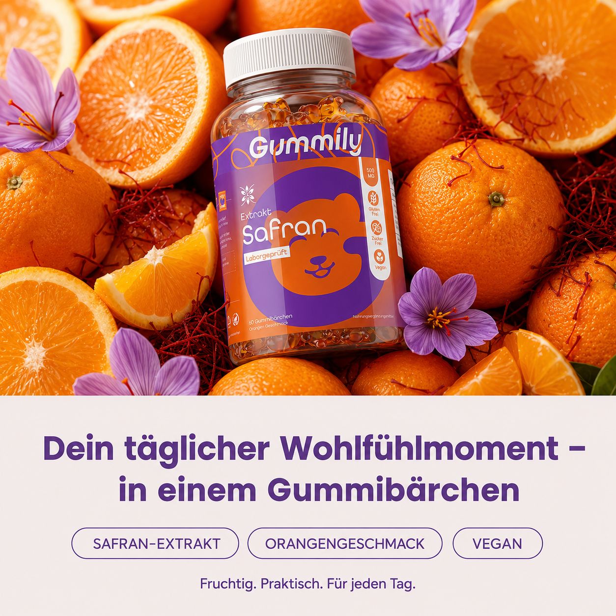 Gummily Safran Extrakt Komplex Flasche umgeben von Orangen und Safran.