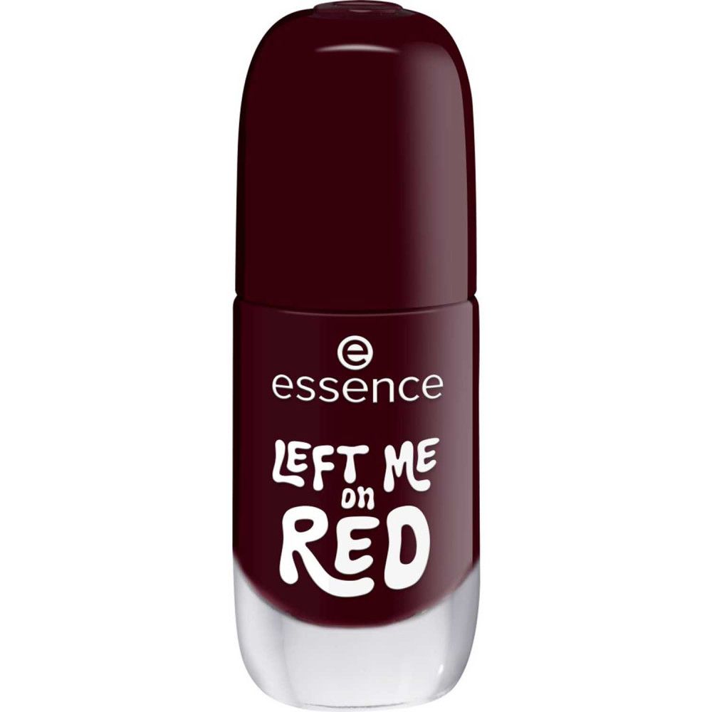Geschlossene Nagellackflasche. Dunkelroter Nagellack, transparente Basis. Aufschrift: Essence, LEFT ME on RED.