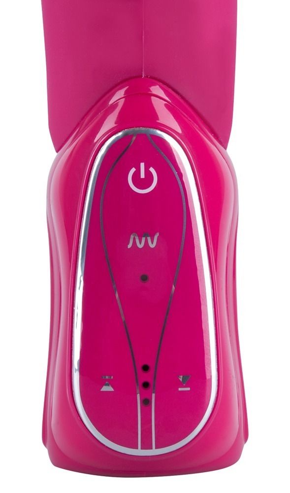 Nahaufnahme des Bedienfelds eines pinkfarbenen Vibrators. Mit Ein-/Ausschalter und Vibrationsmodi.