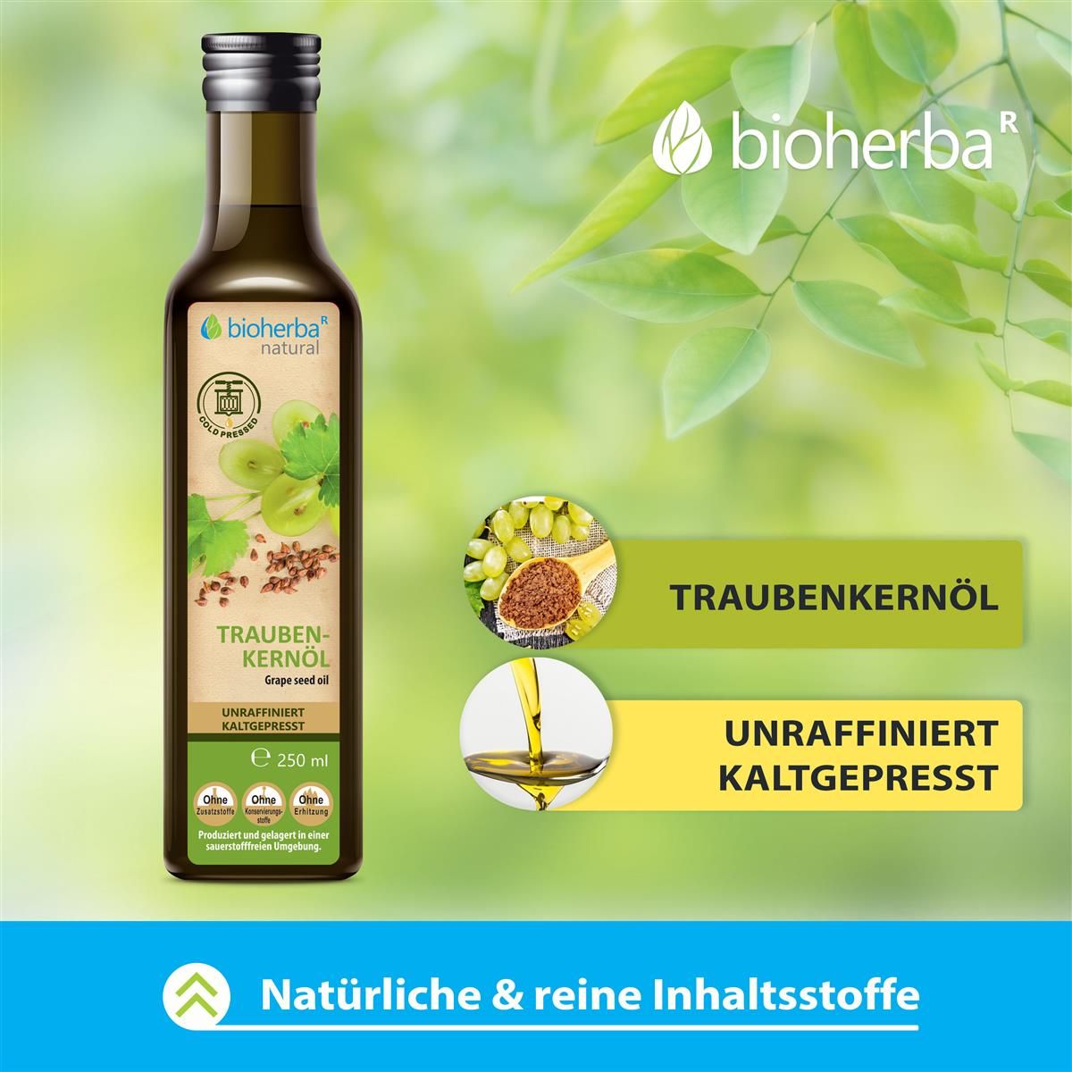 Bioherba Traubenkernöl in brauner Glasflasche. Grün-weißes Etikett. Text: Traubenkernöl, unraffiniert, kaltgepresst, 250 ml. Zusätzliche Illustrationen.