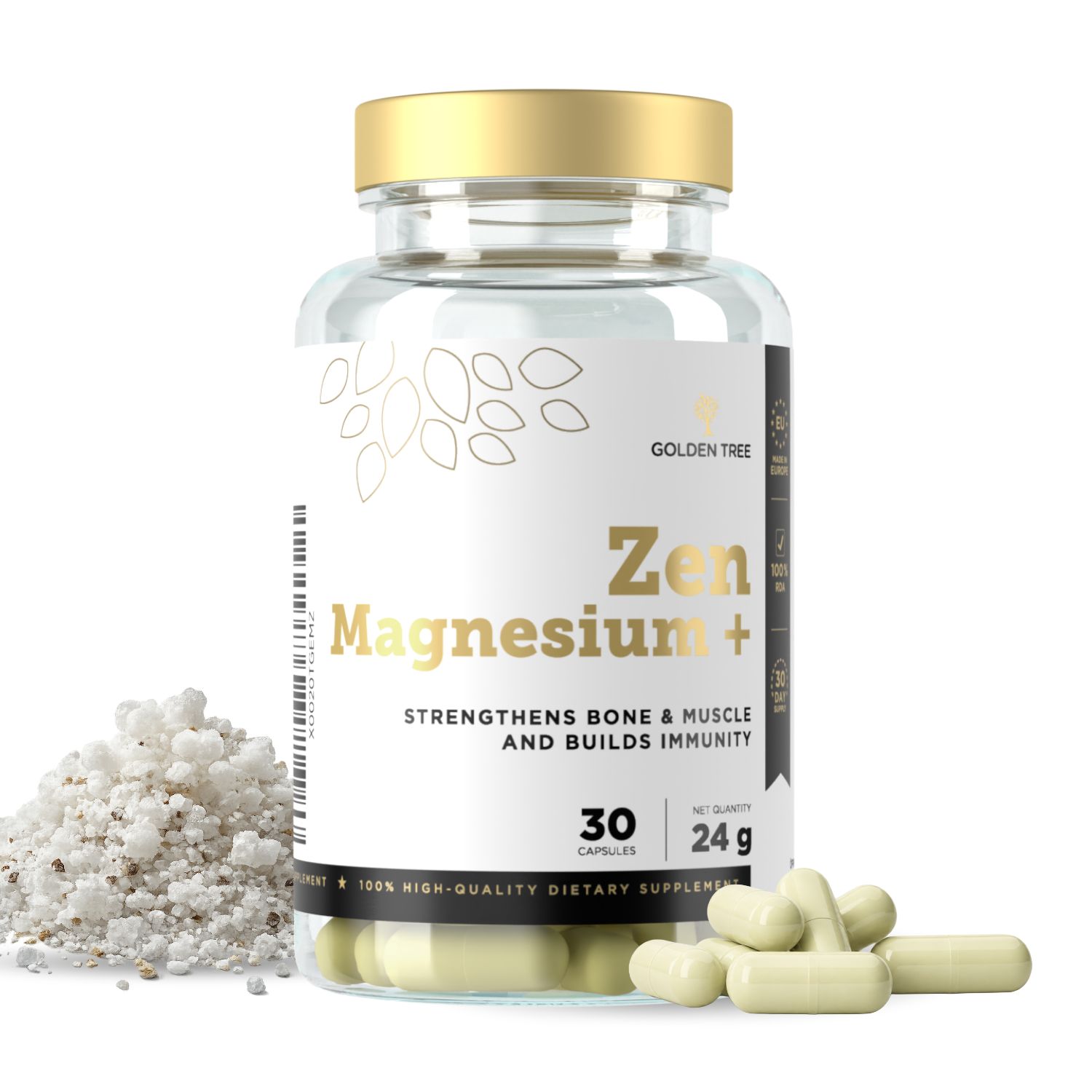 Flasche mit Golden Tree Zen Magnesium+ Kapseln, daneben eine kleine Ansammlung von Magnesiumpulver und einige Kapseln.