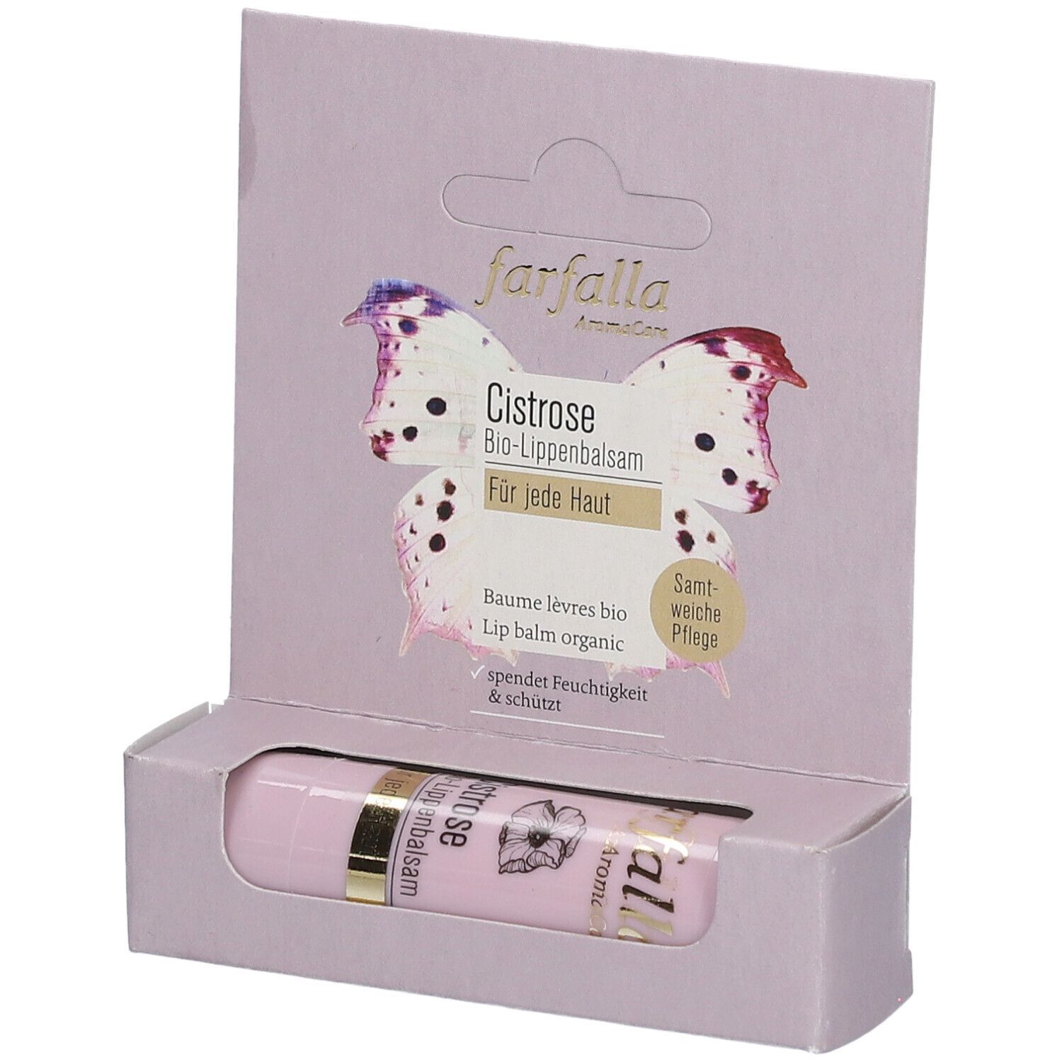 Farfalla Cistrose Bio-Lippenbalsam in rosa Verpackung mit Schmetterlingsmotiv.