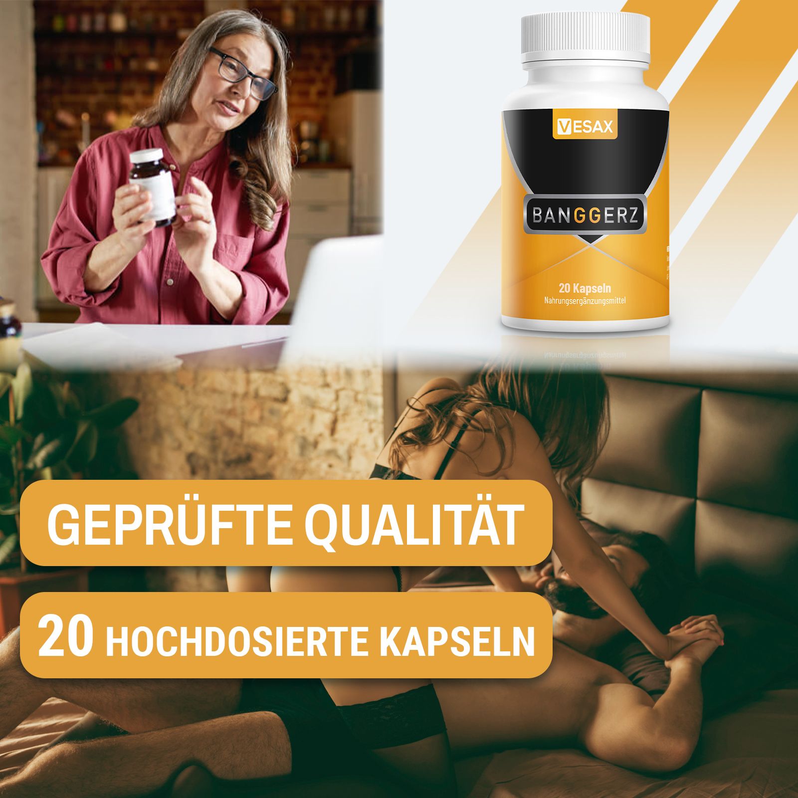 Flasche mit Kapseln. Aufschrift: VESAX, BANGGERZ. Hintergrund: Frau mit Flasche, Mann und Frau im Bett. Text: Geprüfte Qualität, 20 hochdosierte Kapseln.