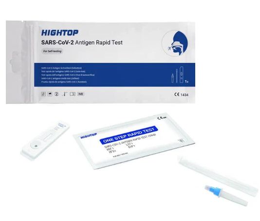 HIGHTOP SARS-CoV-2 Antigen-Schnelltest. Verpackung und Testkomponenten. CE-Kennzeichnung. Einmal-Schnelltest.