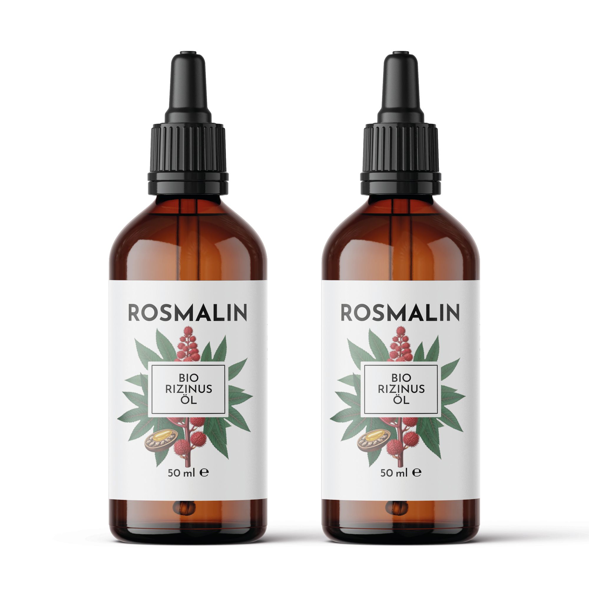 Zwei braune Glasflaschen mit Tropfern. Aufschrift: ROSMALIN BIO Rizinus Öl, 50 ml.