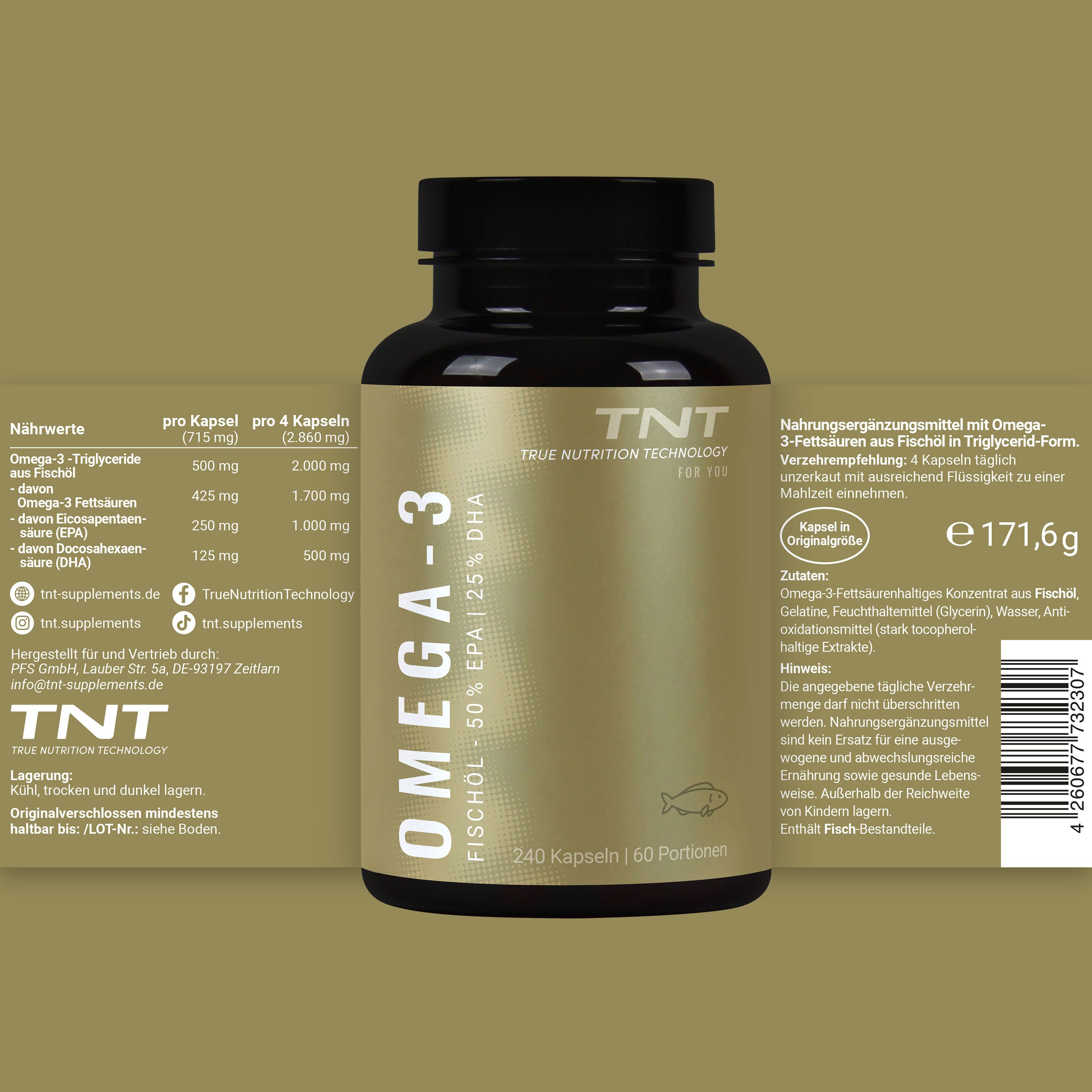Flasche Omega-3 Kapseln mit detailliertem Etikett und Nährwertangaben. Text: '240 Kapseln | 60 Portionen'.