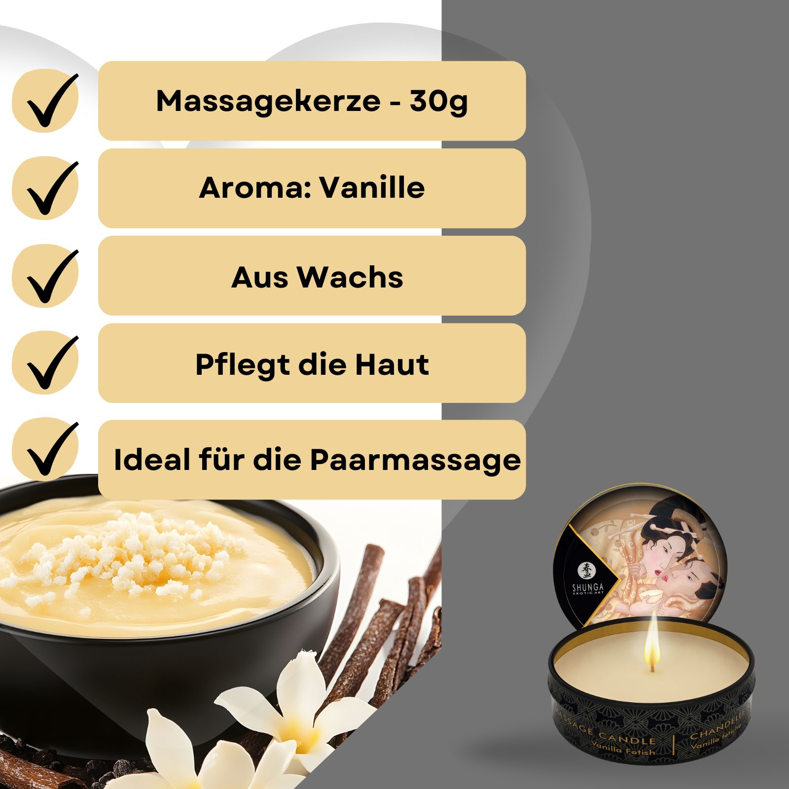 Massagekerze mit Aroma Vanille. Produktmerkmale: 30g, Aroma Vanille, aus Wachs, pflegt die Haut, ideal für die Paarmassage. Produktabbildung.