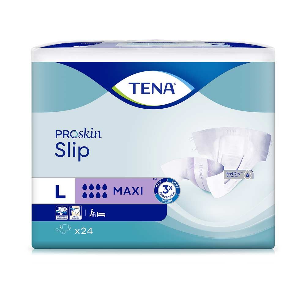 Verpackung von TENA ProSkin Slip MAXI. Blaue und weiße Farben. Produktname, Größenangabe L, x24 Stück.