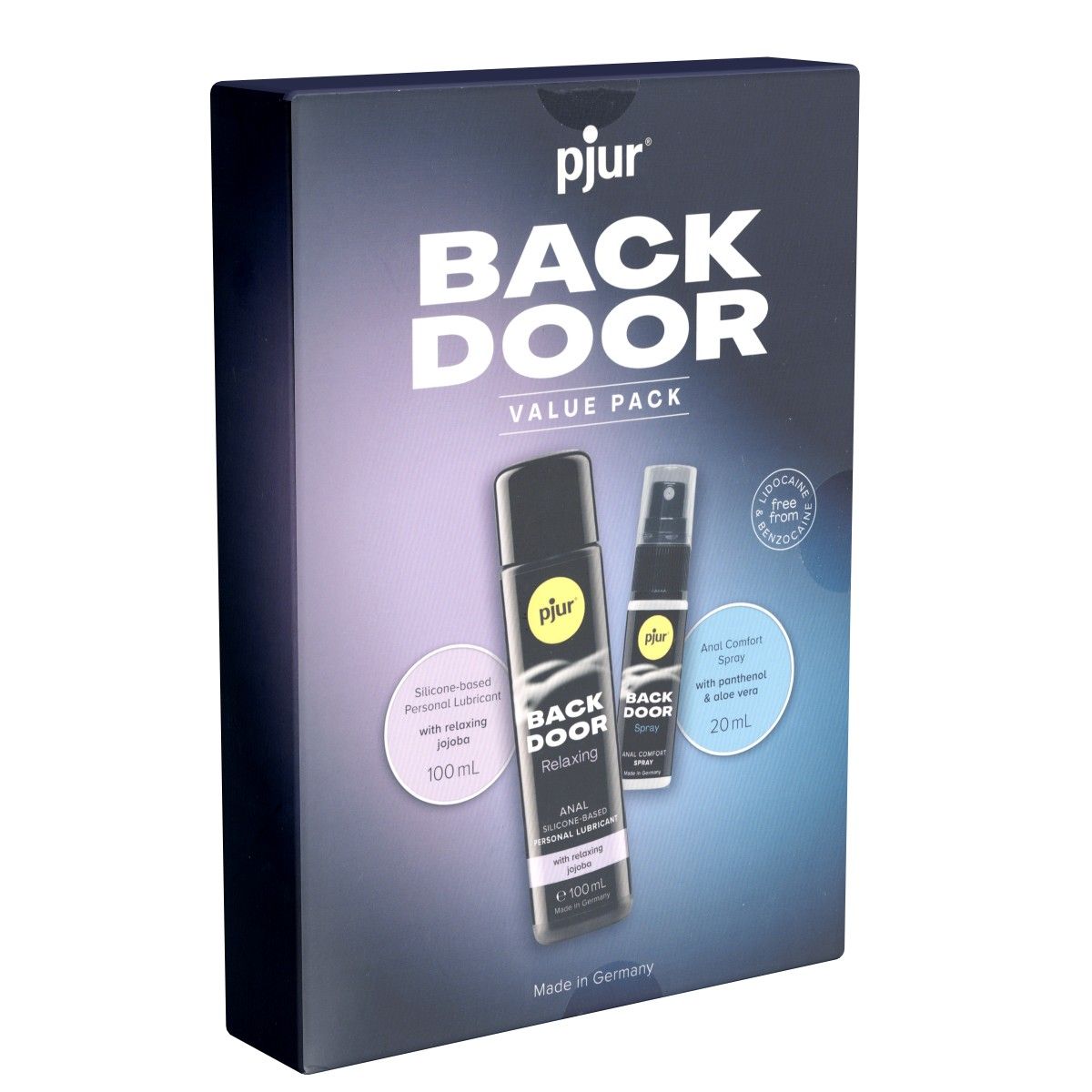 Verpackung mit zwei Produkten. Aufschrift: pjur BACK DOOR VALUE PACK. Enthält ein Gleitmittel und ein Spray.