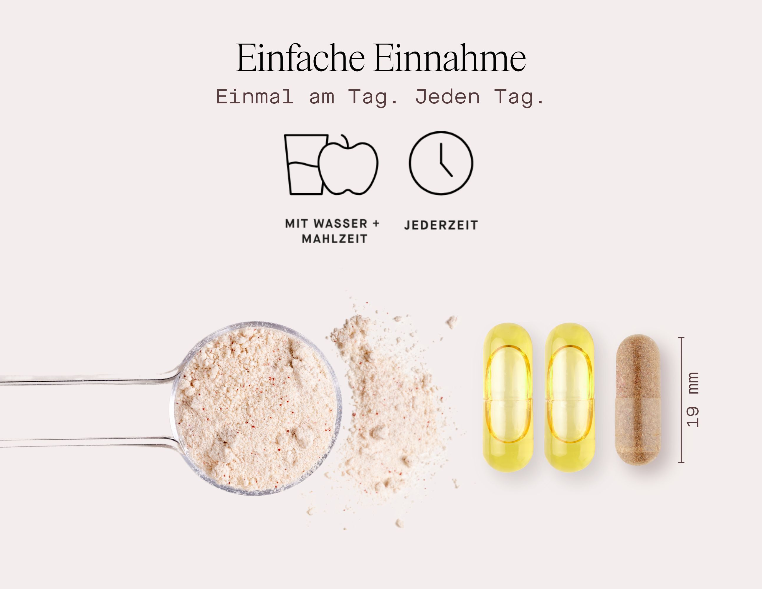 Infografik: Einfache Einnahme. Symbole: Wasser, Mahlzeit, Uhr. Pulver, Kapseln, gelbe Kapseln. Maße: 19 mm.