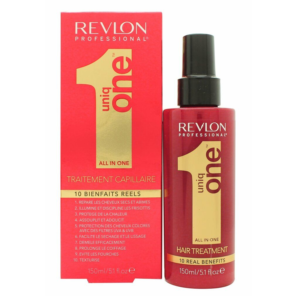 Rote Flasche und Verpackung von Revlon Uniq One. Aufschrift: All in One Hair Treatment. 10 Vorteile. Sprühkopf.