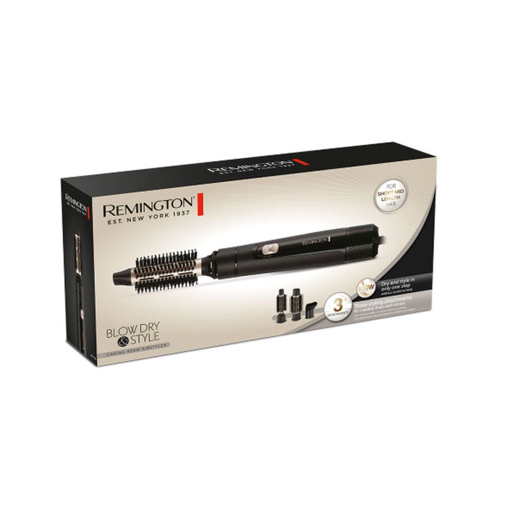 Verpackung der Warmluftbürste. Schwarzer Karton mit Produktabbildung und Markennamen: REMINGTON. Text: BLOW DRY & STYLE.