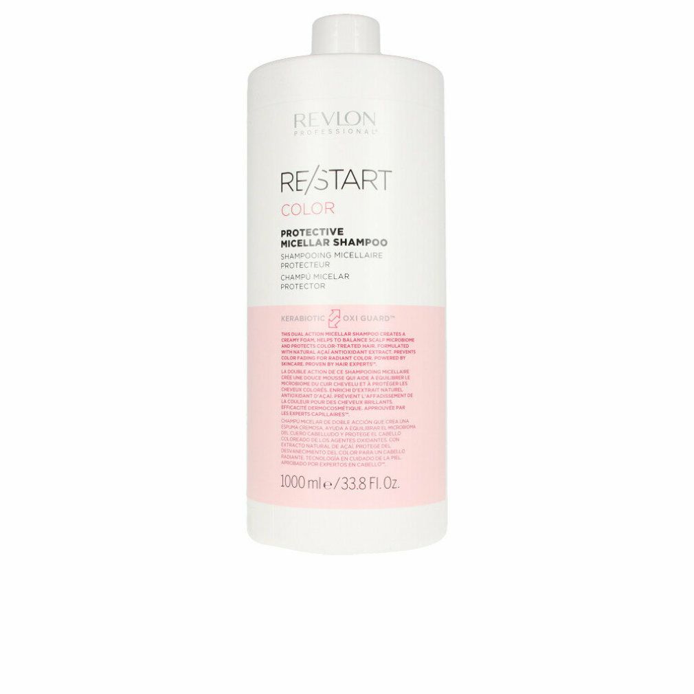 Weißer Shampoo-Behälter mit rosa Etikett. Aufschrift: Revlon Re/Start Color Protective Micellar Shampoo. 1000ml/33.8 fl oz.