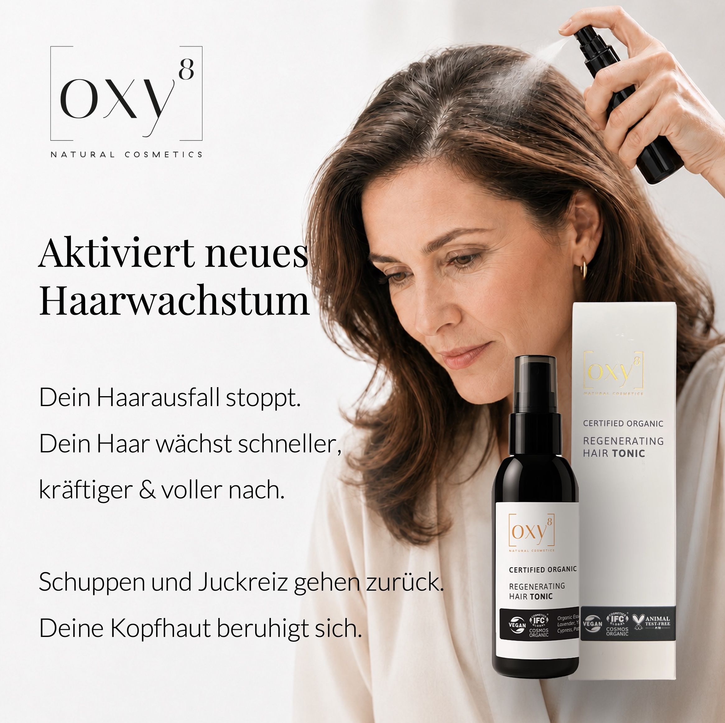 Frau sprüht Haartonikum. Produkt und Verpackung sichtbar. Text: Aktiviert neues Haarwachstum.