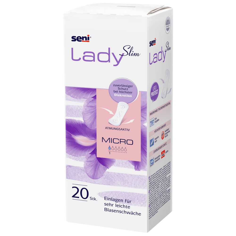 Verpackung mit Seni Lady Slim Micro Einlagen. Enthält 20 Stück. Produkt für sehr leichte Blasenschwäche. Atmungsaktiv.