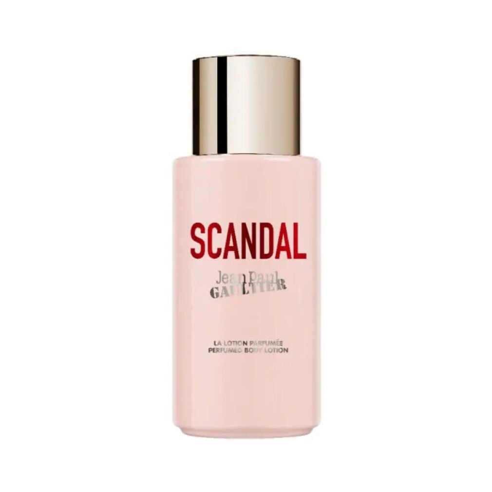 Rosa Flasche mit goldfarbenem Deckel. Aufschrift SCANDAL, Jean Paul Gaultier. La Lotion Parfumée, Perfumed Body Lotion.