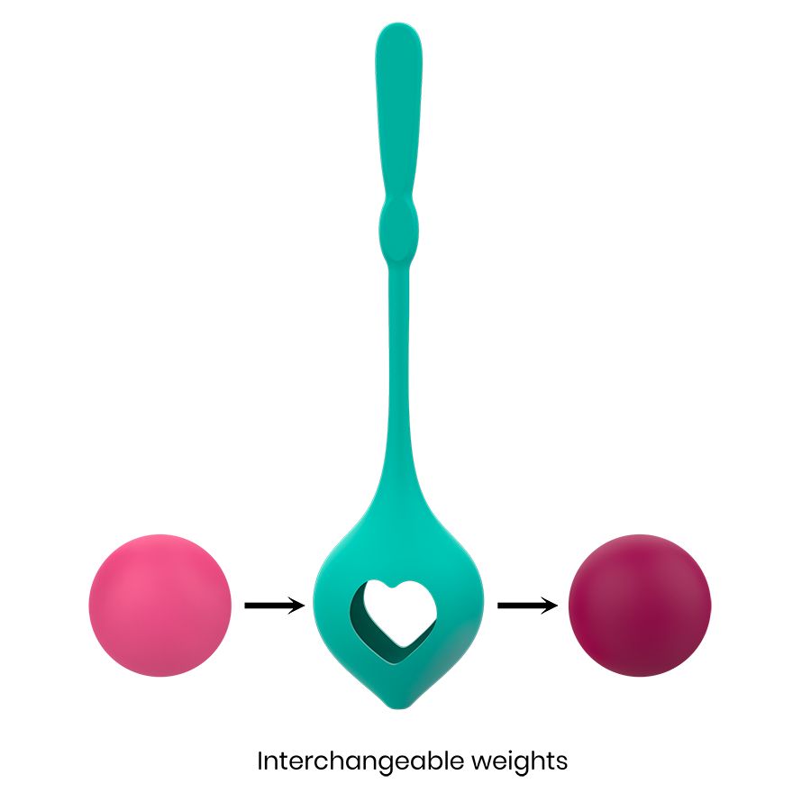 Kegel-Kugel in Türkis mit Herzform und zwei separaten Kugeln. Farben: Türkis, Pink und Lila. Text: Interchangeable weights.