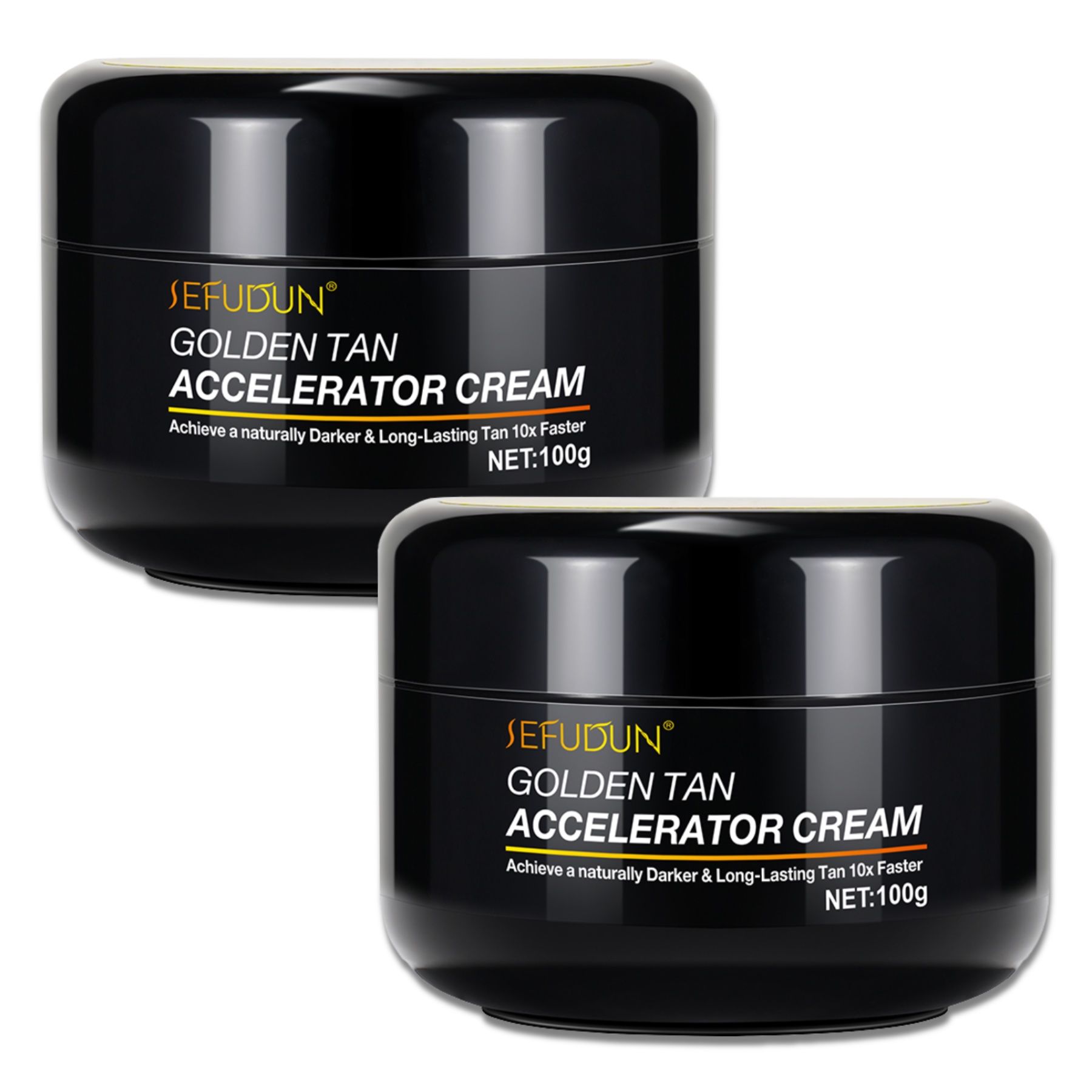 Zwei schwarze Tiegel mit Aufschrift SEFUDUN GOLDEN TAN ACCELERATOR CREAM. Schwarze Deckel, goldfarbene Schrift.