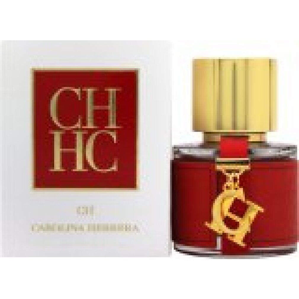 Glasflakon mit rotem Lederband und goldenem Verschluss, neben weißer Verpackung mit "CH HC"-Logo.