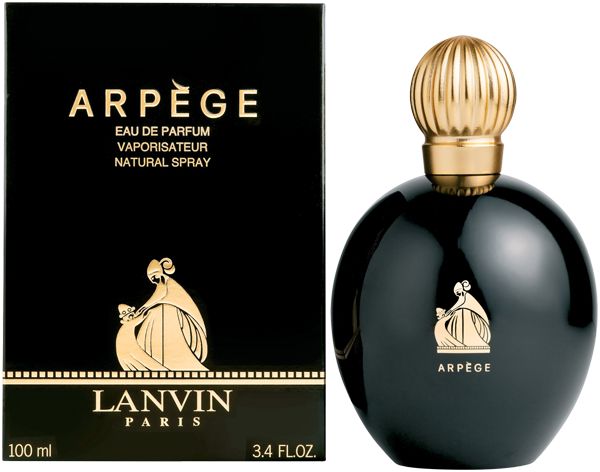 Schwarzer Flakon mit goldfarbenem Verschluss und Verpackung. Aufschrift: Arpège, Eau de Parfum, Natural Spray. Marke: Lanvin Paris, 100 ml.