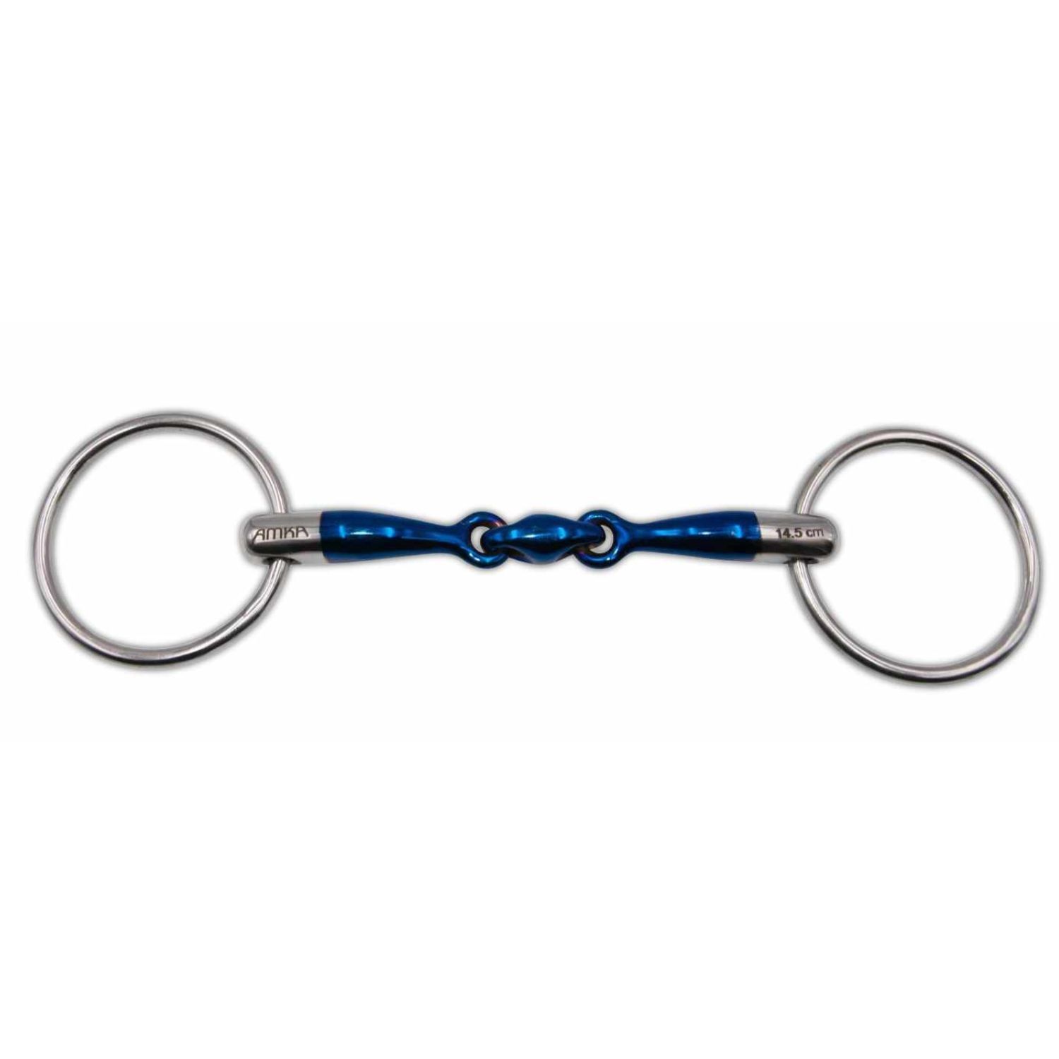 Doppelt gebrochene Trense mit blauem Mittelstück und Ringen.