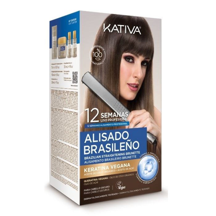 Kativa-Box mit Produktabbildung und Frau mit glattem Haar. Text: 'Alisado Brasileño', 'Keratina Vegana'.