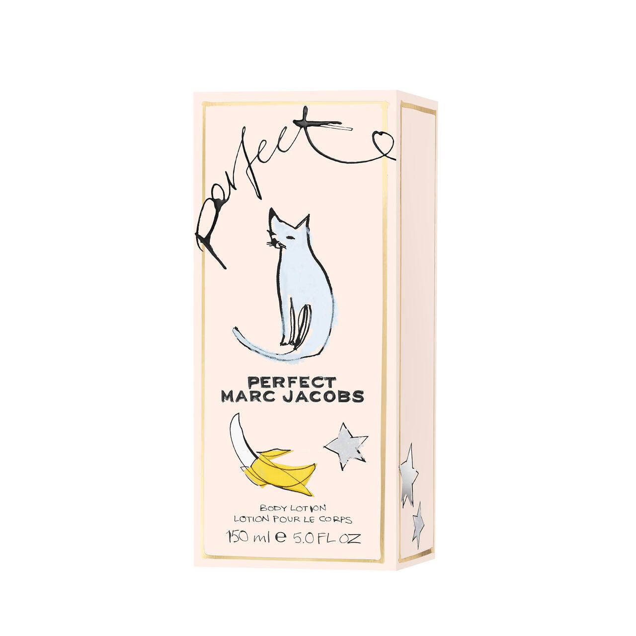 Beige Schachtel mit Aufschrift "Perfect MARC JACOBS". Katze, Banane und Sterne. Text: "Body Lotion".