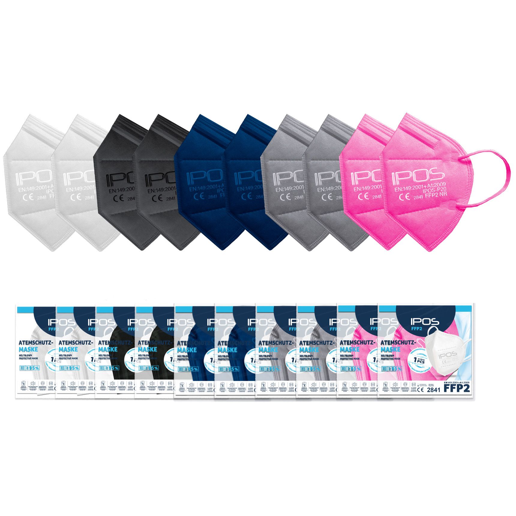Reihe von IPOS FFP2 Masken in verschiedenen Farben. Einzeln verpackt. Mit CE-Kennzeichnung.