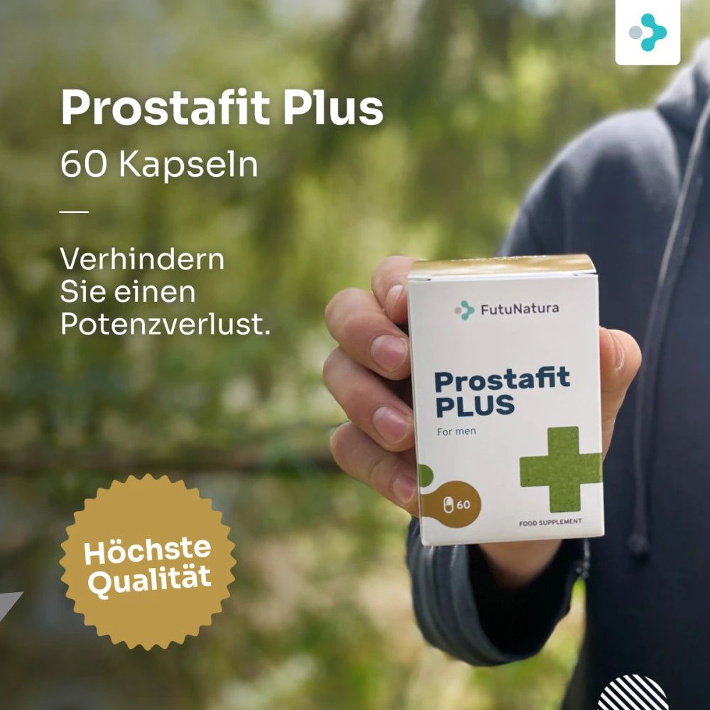 FutuNatura Prostafit Plus, 60 Kapseln. Box in Hand gehalten. Grünes Kreuz. Höchste Qualität.