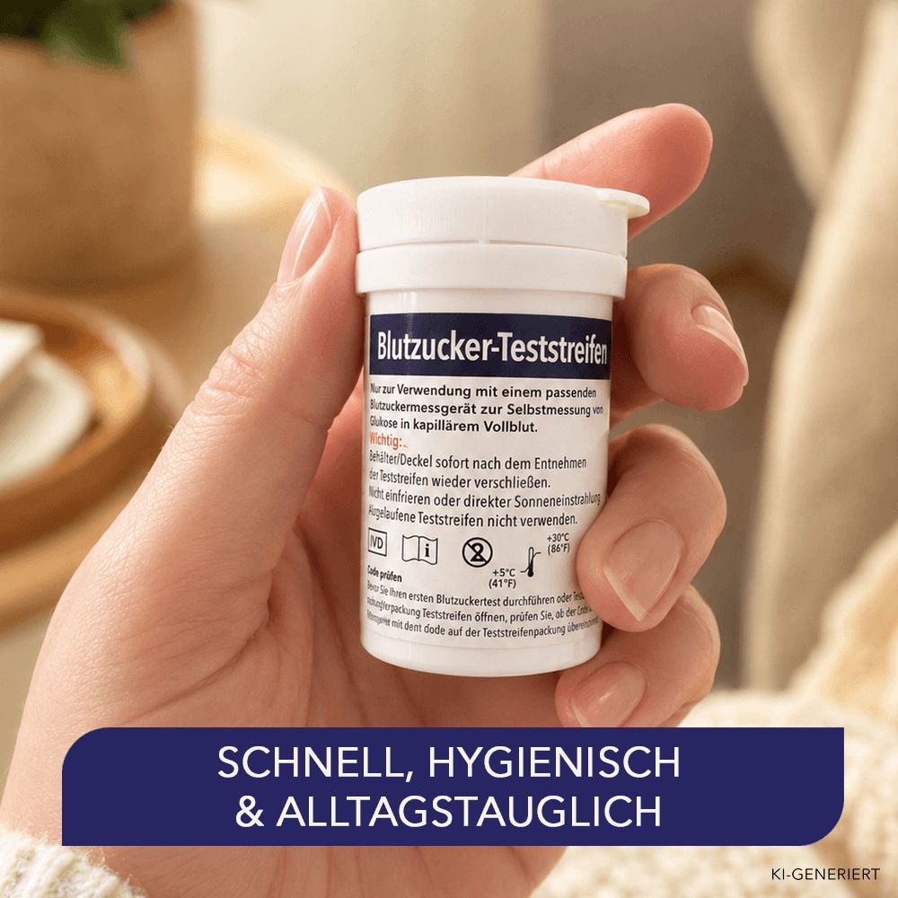Hand hält Spenderbehälter mit Blutzucker-Teststreifen.