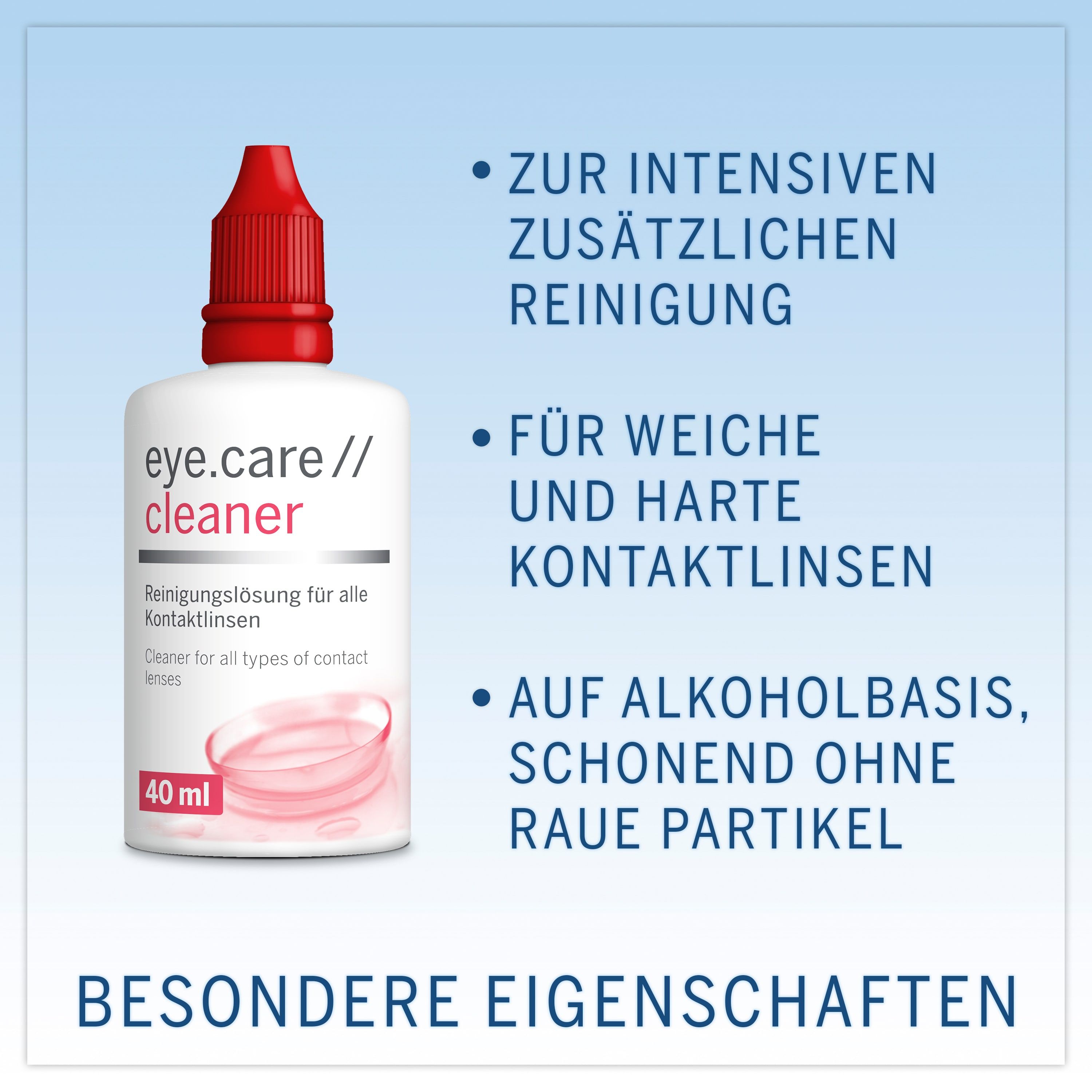 Flasche eye.care// cleaner Reinigungslösung für Kontaktlinsen, 40 ml, mit besonderen Eigenschaften.