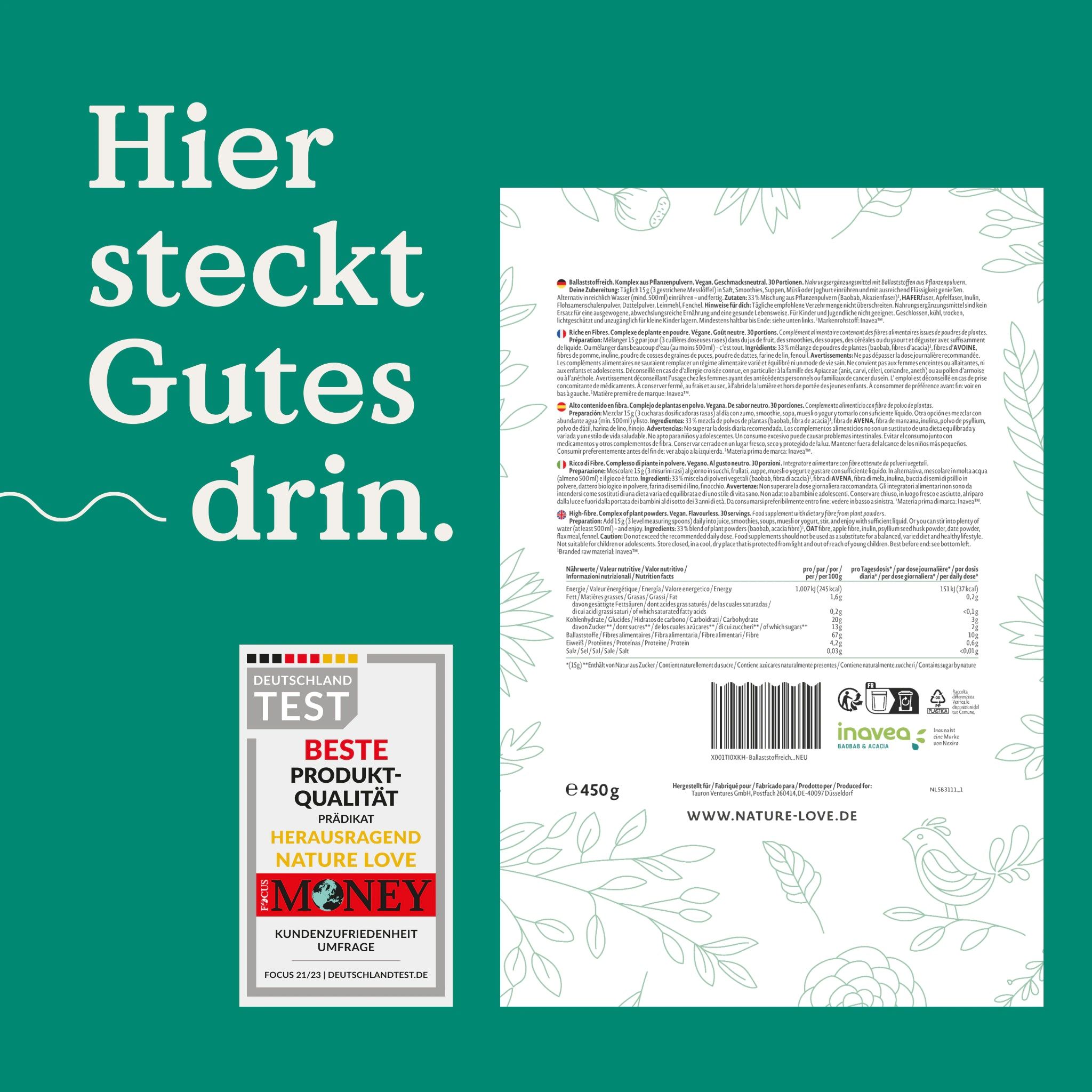 Rückseite der Verpackung NATURE LOVE® Ballaststoffreich Pulver. Text, Nährwertangaben, Barcode. Auszeichnung 'Beste Produktqualität'.