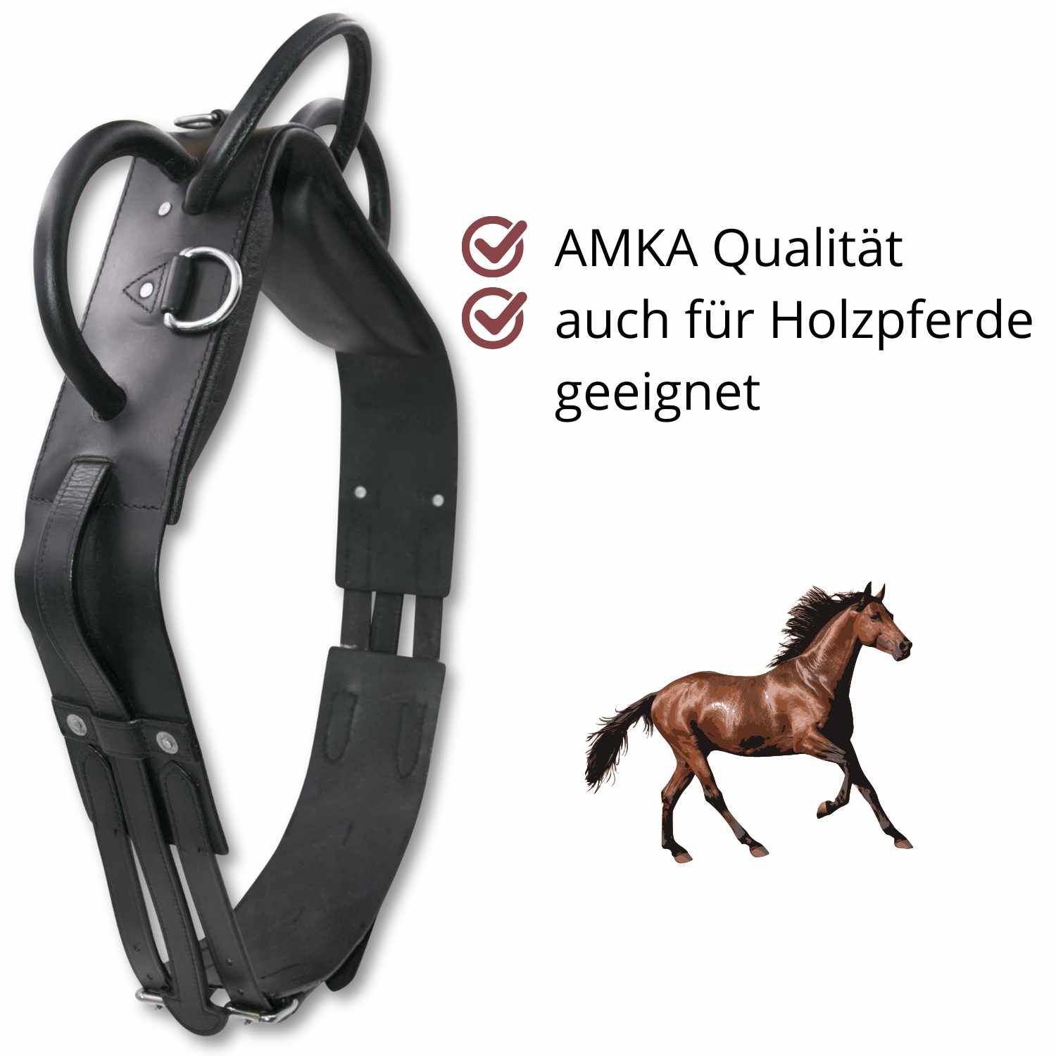 Schwarzer Voltigiergurt mit Griffen und Ringen. Text: AMKA Qualität, auch für Holzpferde geeignet. Braunes Pferd.