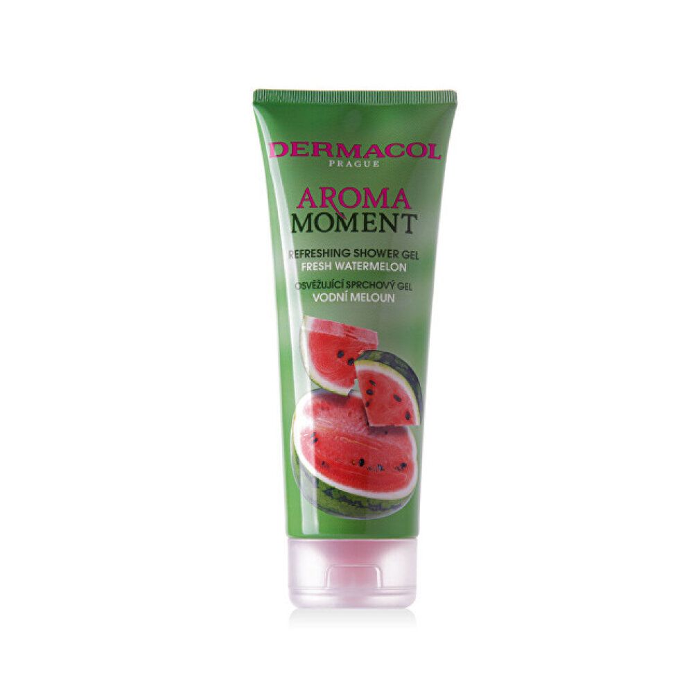 Grüne Tube mit Produktnamen und Wassermelonen-Illustration. Text: Aroma Moment, Refreshing Shower Gel, Fresh Watermelon.