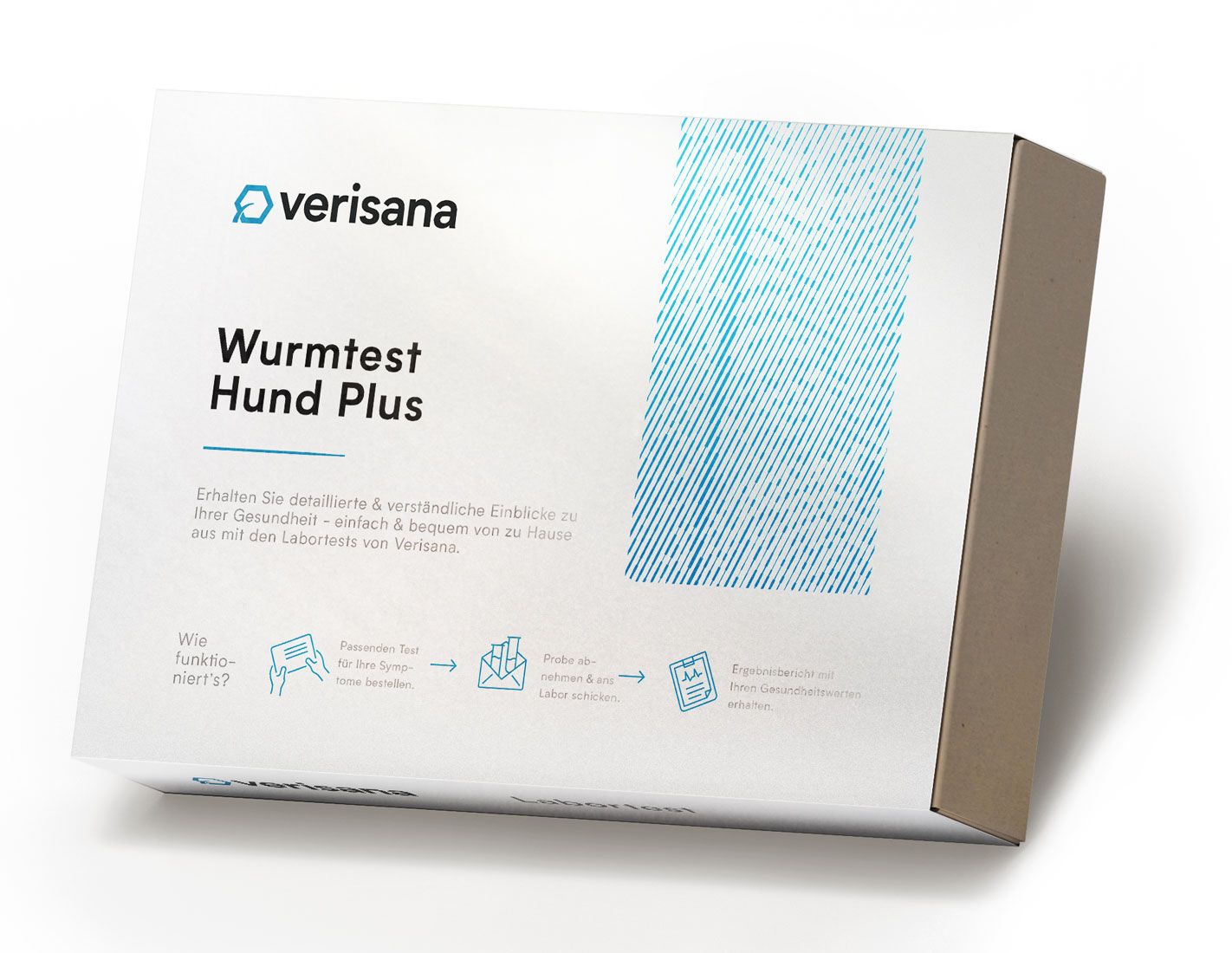 Verisana Wurmtest Hund Plus. Weiße Verpackung mit Produktnamen und Logo. Blaue Designelemente. Karton mit Produktinformationen.