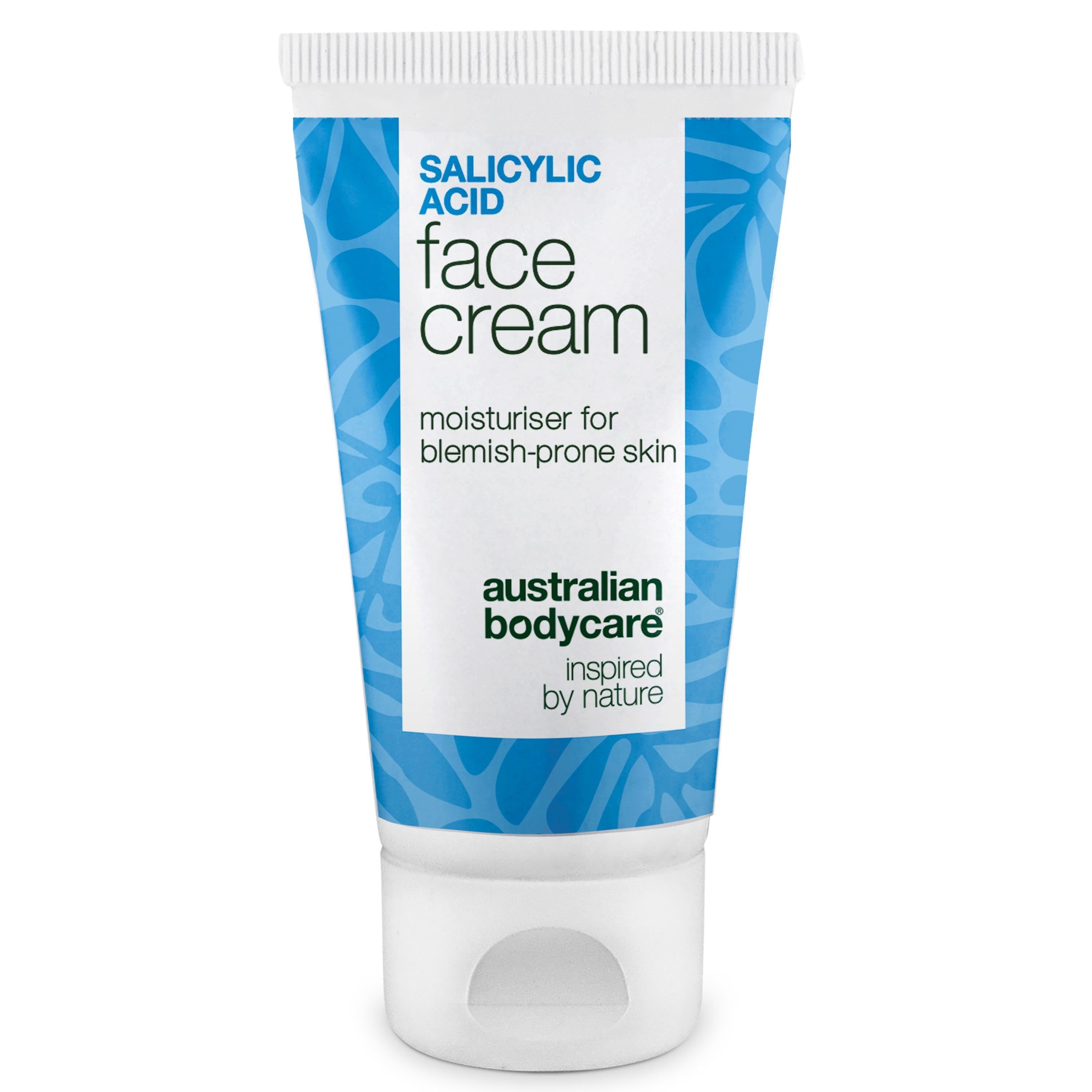 Creme-Tube mit Aufschrift "SALICYLIC ACID face cream". Text: "moisturiser for blemish-prone skin". Marke: australian bodycare.
