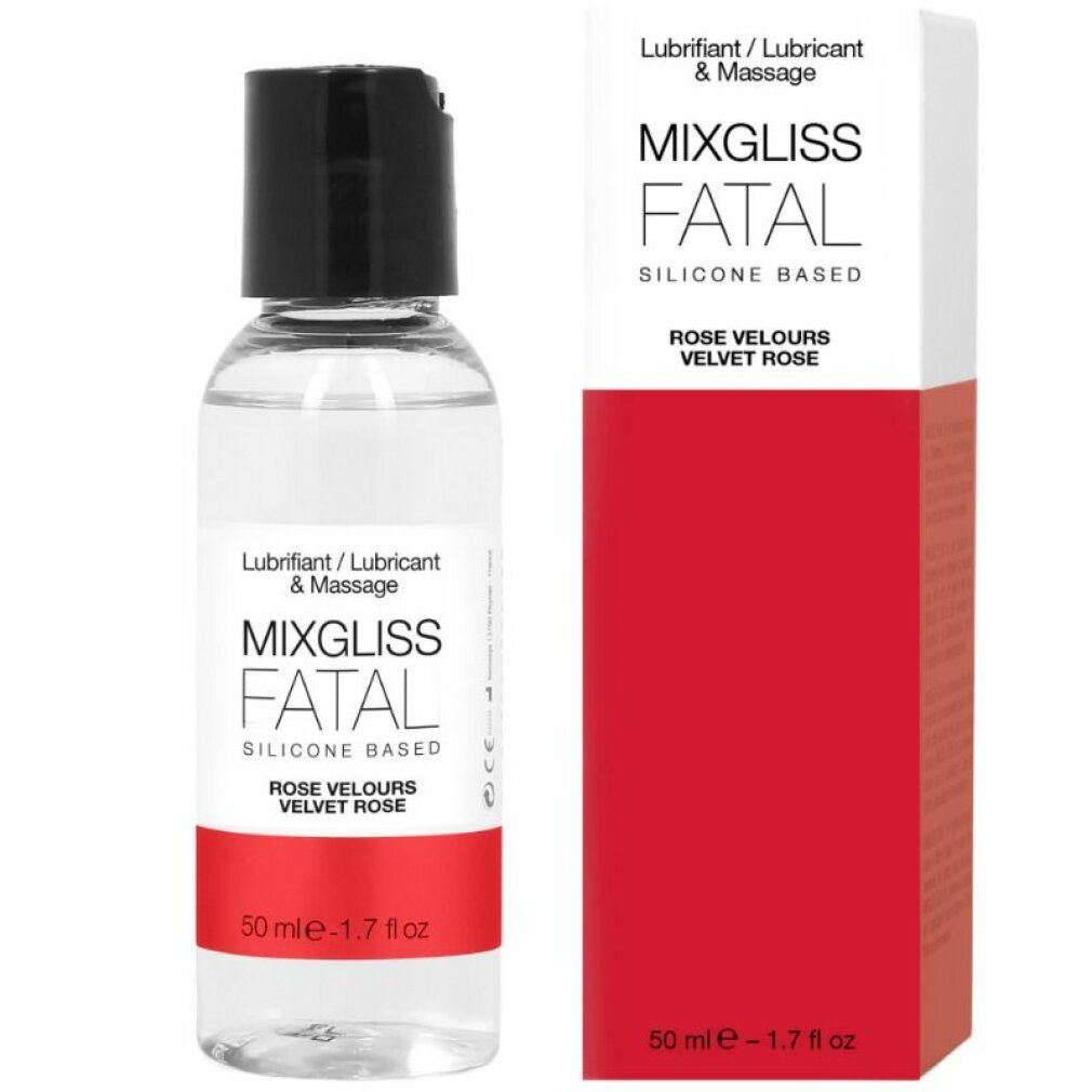 Flüssigkeit in Flasche mit schwarzem Deckel und roter Verpackung. Aufschrift: Mixgliss Fatal, Rose Velours.
