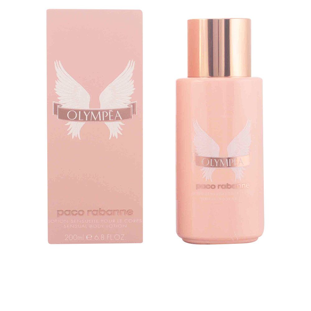 Rosa Körperlotion-Flasche und Schachtel. Aufschrift Olympea, Paco Rabanne. 200ml.