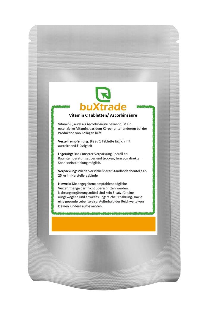 Beutel mit buXtrade Vitamin C Tabletten. Weißes Etikett mit Produktinformationen und grünem Rahmen.