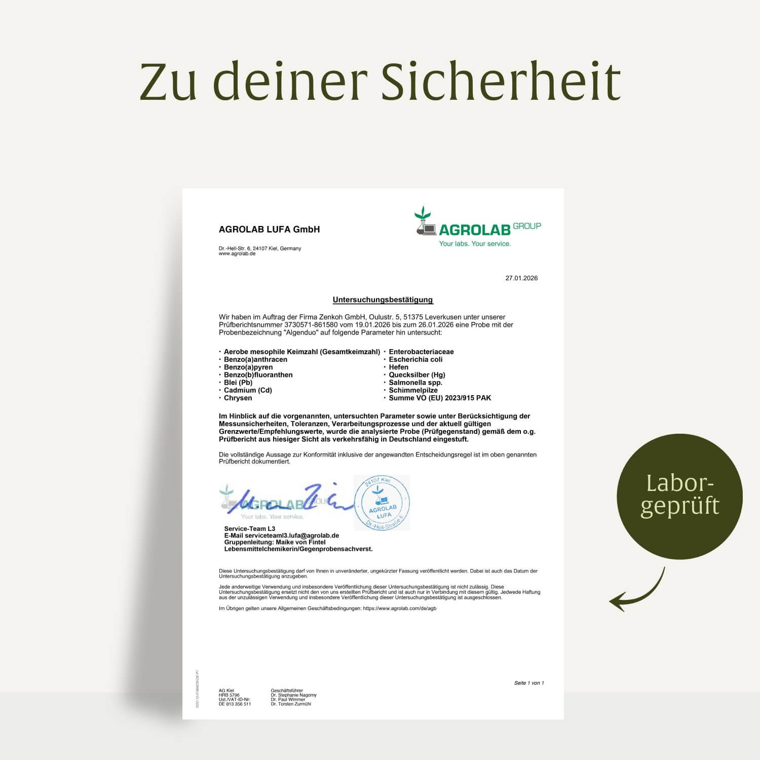 Laborbericht zur Prüfung des Algen Duo Komplex mit Stempel "Laborgeprüft".
