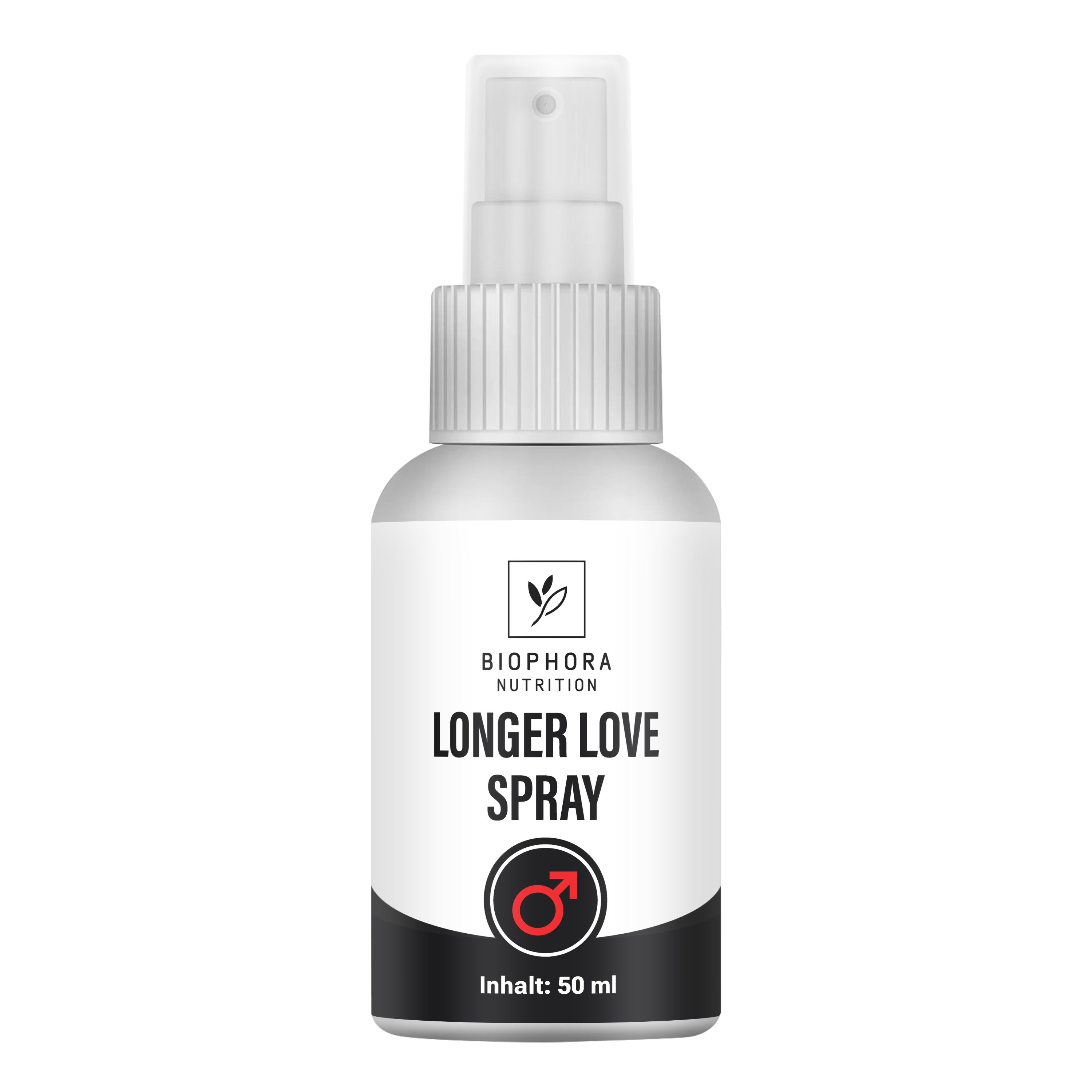 Ein weißer Sprühflakon mit schwarzem Etikett, das 'Longer Love Spray' und ein männliches Symbol zeigt.